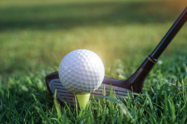 Golf ball and club on green grass