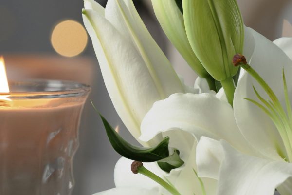 Funeral. White lilies and burning candle indoors