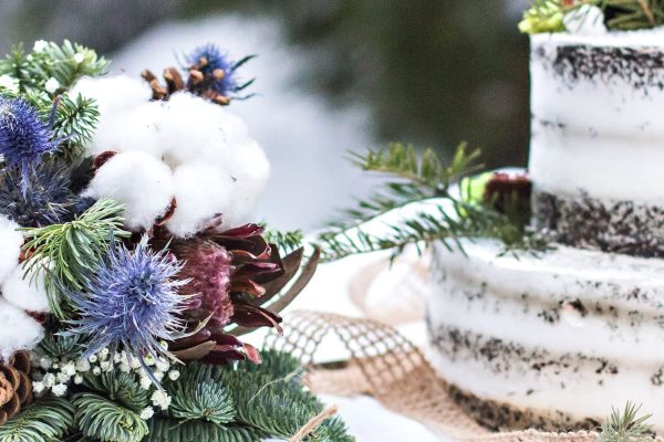 Rustic winter wedding. Table decor. Winter wedding table decor bride and groom for photo shoot. Aerial view of winter green garland on a wedding table with white plates, cake, glasses, champagne.