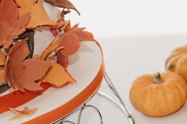 Autumn Wedding Cake covered in sweet fall coloured leaves